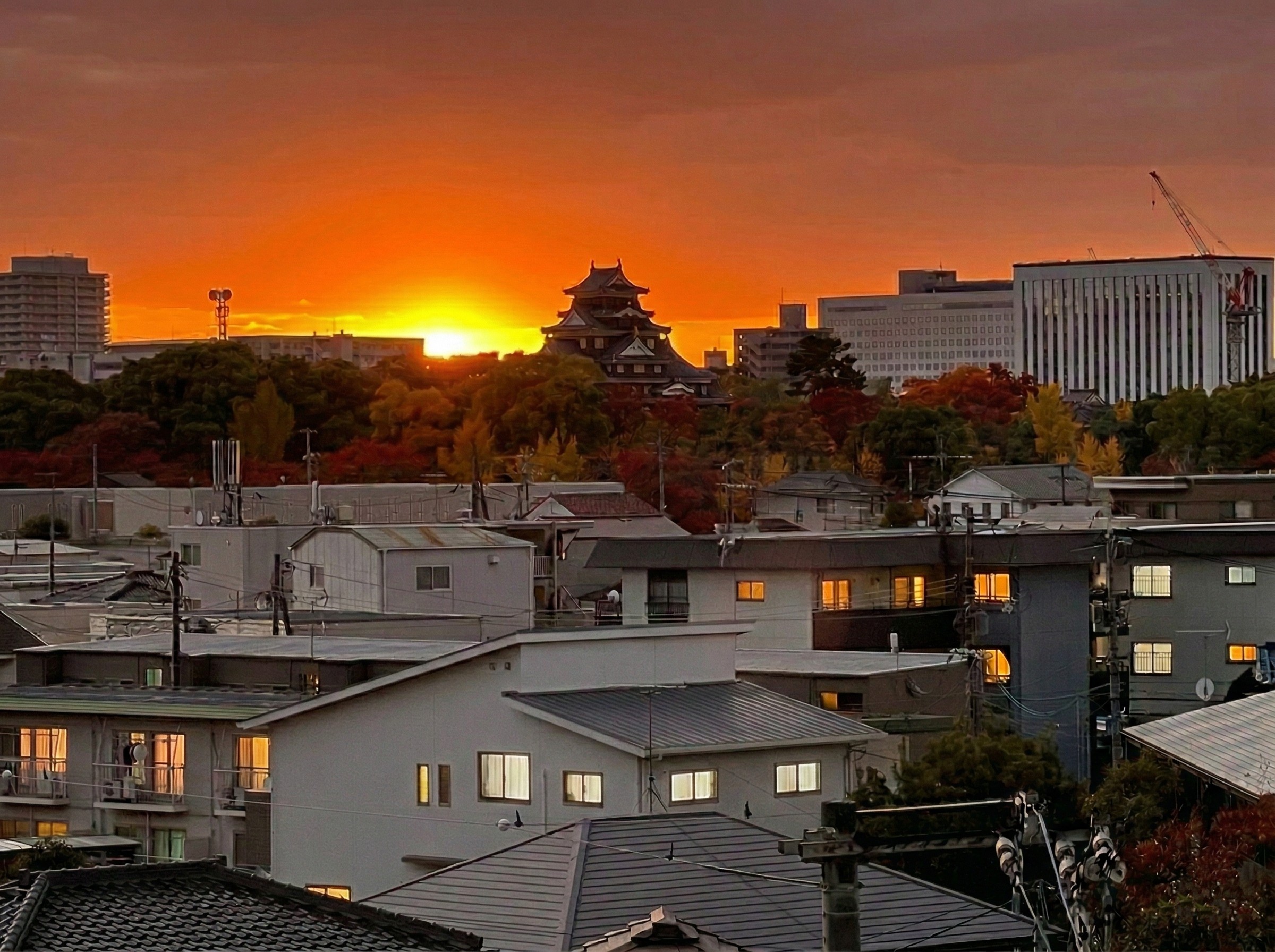 岡山城の背後に沈む夕焼け
岡山城と後楽園を旭川越しに望む操山学区の景色